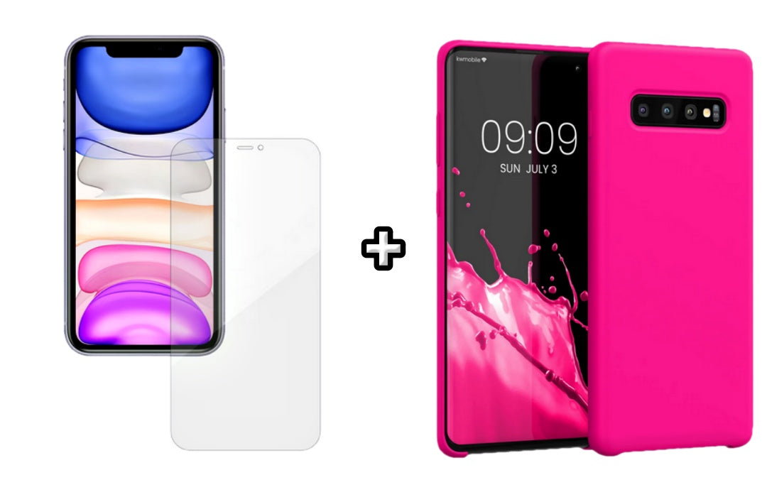 Set Husa Silicon plus Folie din silicon Case Friendly compatibila cu Samsung Galaxy S10 Plus, roz neon, protectie 360