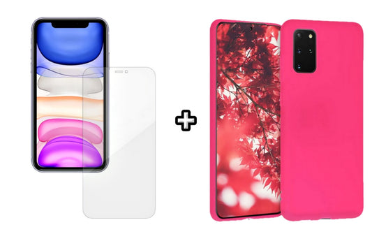 Set Husa Silicon plus Folie din silicon Case Friendly compatibila cu Samsung Galaxy S20, roz neon, protectie 360