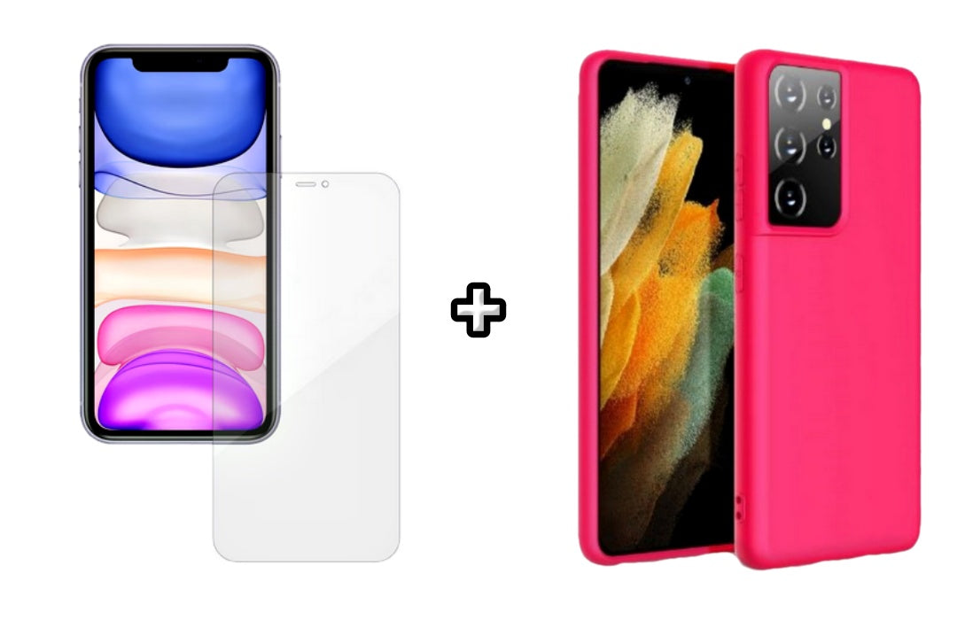 Set Husa Silicon plus Folie din silicon Case Friendly compatibila cu Samsung Galaxy S24 Ultra, roz neon, protectie 360