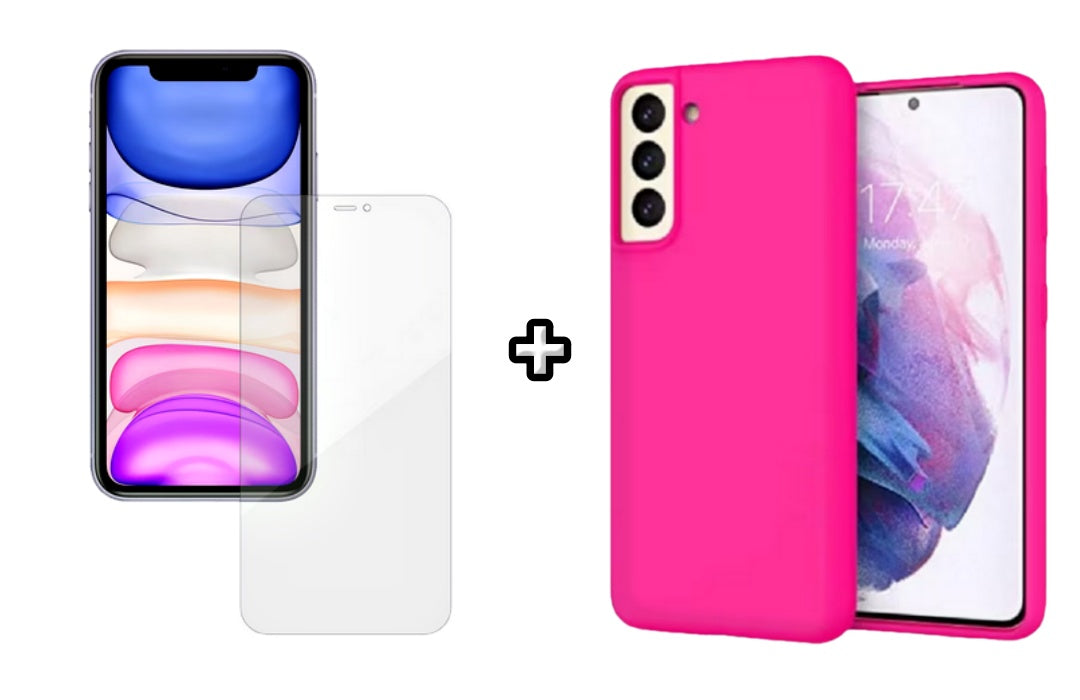 Set Husa Silicon plus Folie din silicon Case Friendly compatibila cu Samsung Galaxy S24 Plus, roz neon, protectie 360