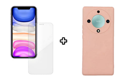 Set Husa Silicon plus Folie din silicon Case Friendly compatibila cu Honor Magic5 Lite, roz pudra, protectie 360