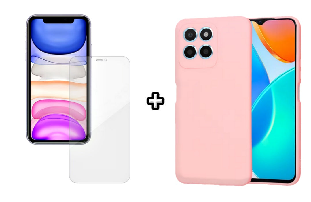 Set Husa Silicon plus Folie din silicon Case Friendly compatibila cu Honor X6a, roz pudra, protectie 360