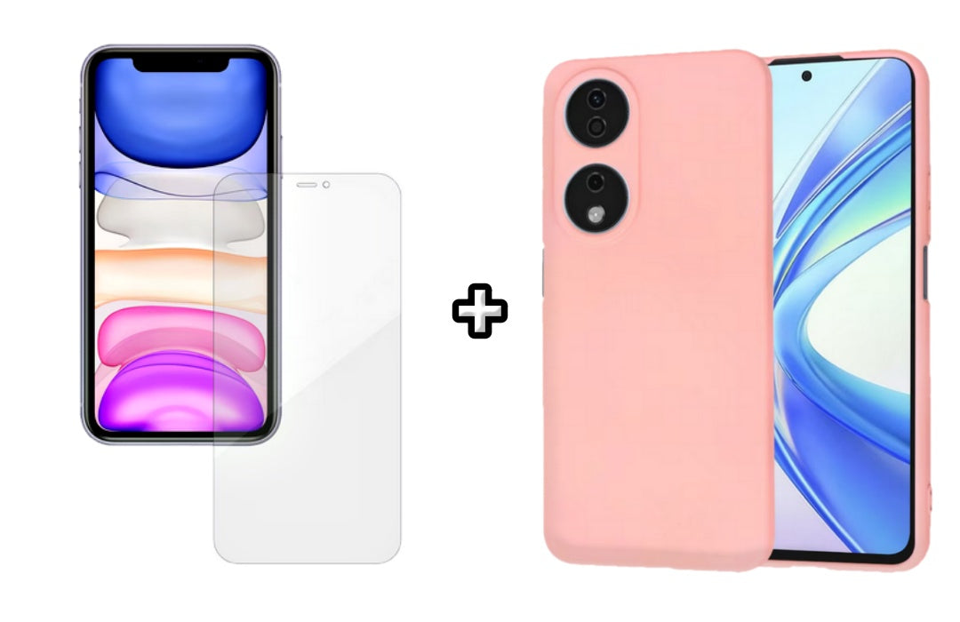 Set Husa Silicon plus Folie din silicon Case Friendly compatibila cu Honor X7b, roz pudra, protectie 360
