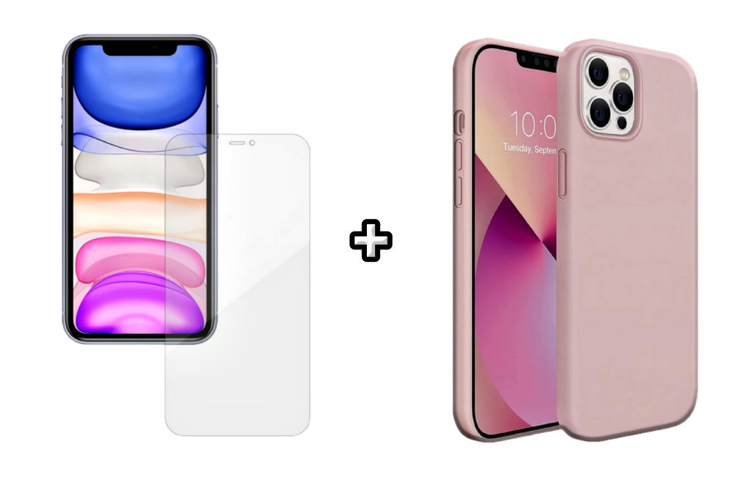 Set Husa Silicon + Folie din silicon Case Friendly compatibila cu Apple iPhone 12 Pro, roz pudra, protectie 360