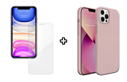 Set Husa Silicon + Folie din silicon Case Friendly compatibila cu Apple iPhone 12 Pro, roz pudra, protectie 360