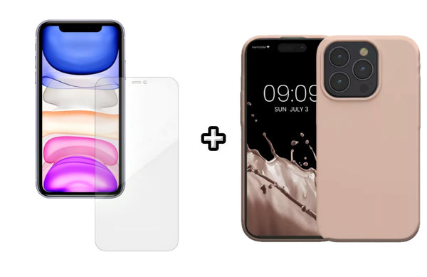 Set Husa Silicon plus Folie din silicon Case Friendly compatibila cu Apple iPhone 16 Pro, roz pudra, protectie 360