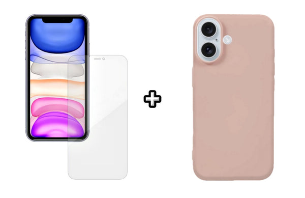 Set Husa Silicon plus Folie din silicon Case Friendly compatibila cu Apple iPhone 16, roz pudra, protectie 360