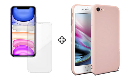 Set Husa Silicon + Folie din silicon Case Friendly compatibila cu Apple iPhone 7, roz pudra, protectie 360