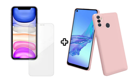 Set Husa Silicon plus Folie din silicon Case Friendly compatibila cu OPPO A53, roz pudra, protectie 360