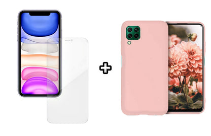 Set Husa Silicon plus Folie din silicon Case Friendly compatibila cu Samsung Galaxy A12, roz pudra, protectie 360