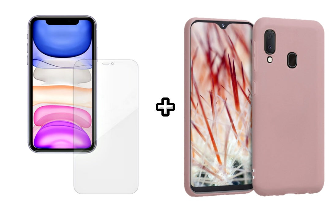 Set Husa Silicon plus Folie din silicon Case Friendly compatibila cu Samsung Galaxy A20E, roz pudra, protectie 360