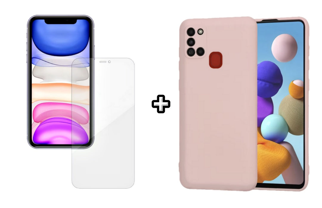 Set Husa Silicon plus Folie din silicon Case Friendly compatibila cu Samsung Galaxy A21s, roz pudra, protectie 360