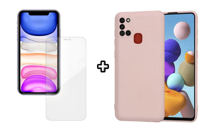Set Husa Silicon plus Folie din silicon Case Friendly compatibila cu Samsung Galaxy A21s, roz pudra, protectie 360