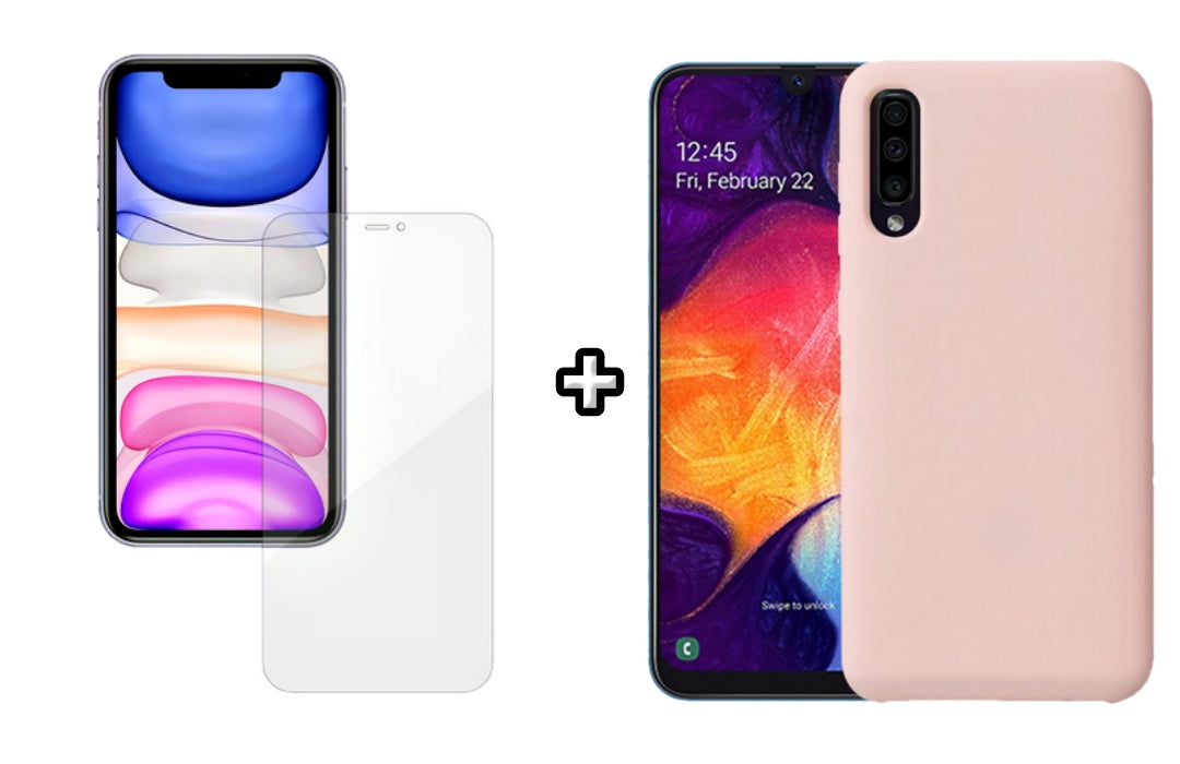 Set Husa Silicon plus Folie din silicon Case Friendly compatibila cu Samsung Galaxy A50, roz pudra, protectie 360