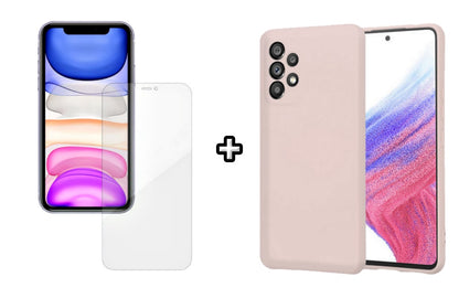 Set Husa Silicon plus Folie din silicon Case Friendly compatibila cu Samsung Galaxy A72, roz pudra, protectie 360