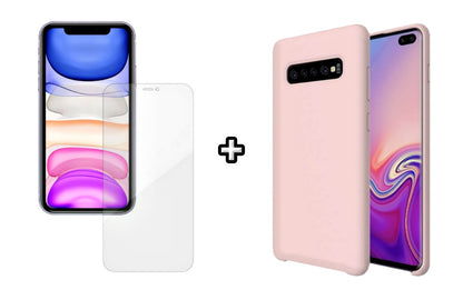 Set Husa Silicon plus Folie din silicon Case Friendly compatibila cu Samsung Galaxy S10, roz pudra, protectie 360