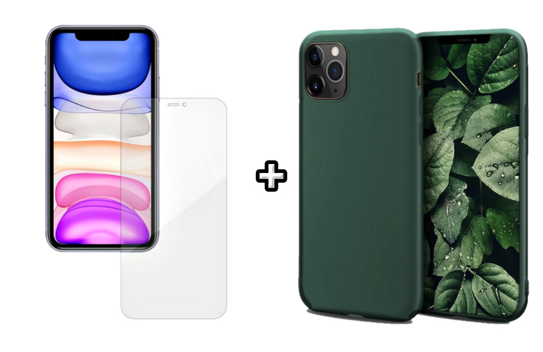 Set Husa Silicon + Folie din silicon Case Friendly compatibila cu Apple iPhone 12 Pro, verde inchis, protectie 360