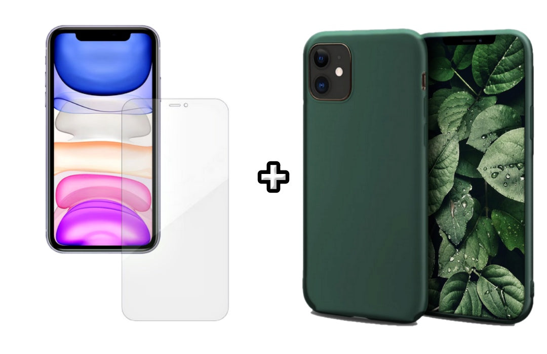 Set Husa Silicon + Folie din silicon Case Friendly compatibila cu Apple iPhone 12, verde inchis, protectie 360