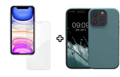 Set Husa Silicon + Folie din silicon Case Friendly compatibila cu Apple iPhone 15 Pro Max, verde inchis, protectie 360