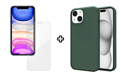 Set Husa Silicon + Folie din silicon Case Friendly compatibila cu Apple iPhone 15, verde inchis, protectie 360