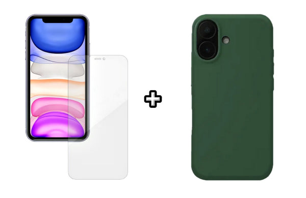 Set Husa Silicon plus Folie din silicon Case Friendly compatibila cu Apple iPhone 16, verde inchis, protectie 360