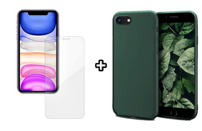 Set Husa Silicon + Folie din silicon Case Friendly compatibila cu Apple iPhone 7, verde inchis, protectie 360