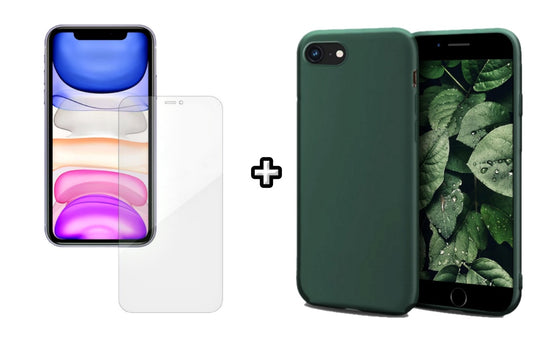 Set Husa Silicon + Folie din silicon Case Friendly compatibila cu Apple iPhone 7, verde inchis, protectie 360