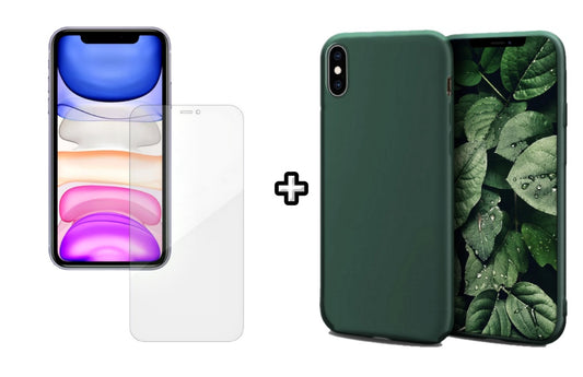 Set Husa Silicon + Folie din silicon Case Friendly compatibila cu Apple iPhone XR, verde inchis, protectie 360