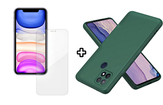 Set Husa Silicon plus Folie din silicon Case Friendly compatibila cu OPPO A15, verde inchis, protectie 360