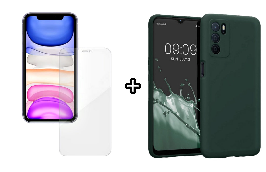 Set Husa Silicon plus Folie din silicon Case Friendly compatibila cu OPPO A16, verde inchis, protectie 360