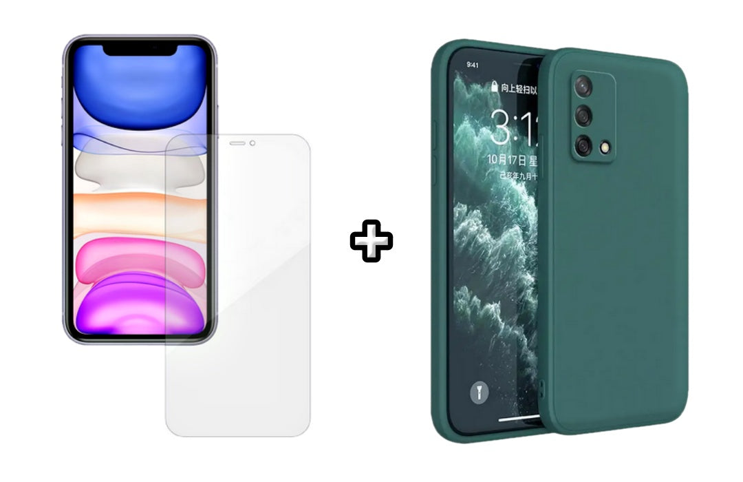 Set Husa Silicon plus Folie din silicon Case Friendly compatibila cu OPPO A74 4G, verde inchis, protectie 360