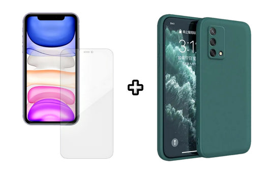 Set Husa Silicon plus Folie din silicon Case Friendly compatibila cu OPPO A74 4G, verde inchis, protectie 360