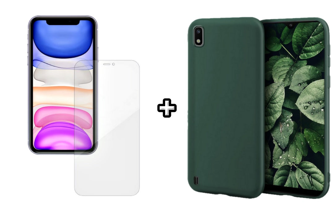 Set Husa Silicon plus Folie din silicon Case Friendly compatibila cu Samsung Galaxy A10, verde inchis, protectie 360