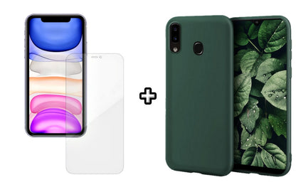 Set Husa Silicon plus Folie din silicon Case Friendly compatibila cu Samsung Galaxy A20E, verde inchis, protectie 360
