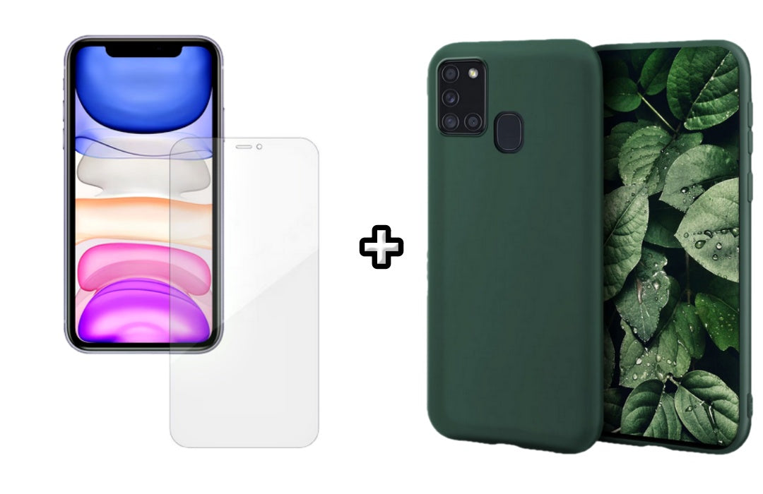 Set Husa Silicon plus Folie din silicon Case Friendly compatibila cu Samsung Galaxy A21s, verde inchis, protectie 360
