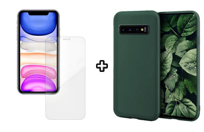 Set Husa Silicon plus Folie din silicon Case Friendly compatibila cu Samsung Galaxy S10 Plus, verde inchis, protectie 360