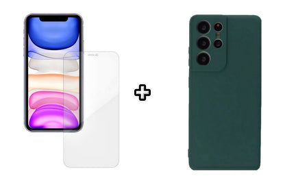 Set Husa Silicon plus Folie din silicon Case Friendly compatibila cu Samsung Galaxy S23 Ultra, verde inchis, protectie 360