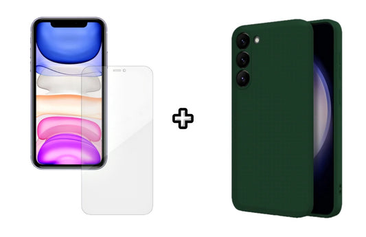 Set Husa Silicon plus Folie din silicon Case Friendly compatibila cu Samsung Galaxy S23 FE, verde inchis, protectie 360
