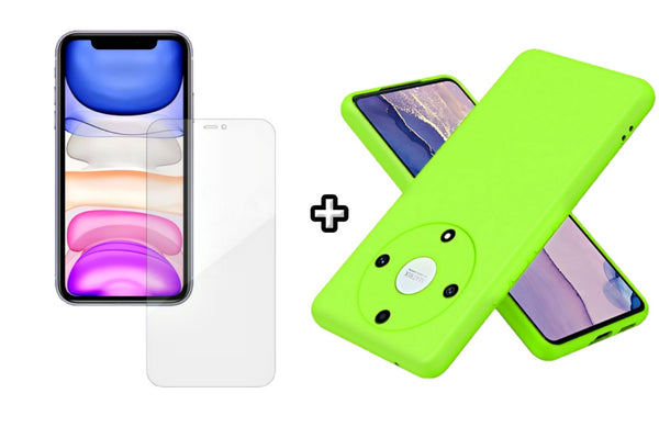 Set Husa Silicon plus Folie din silicon Case Friendly compatibila cu Honor Magic5 Lite, verde neon, protectie 360