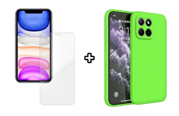 Set Husa Silicon plus Folie din silicon Case Friendly compatibila cu Honor X6a, verde neon, protectie 360