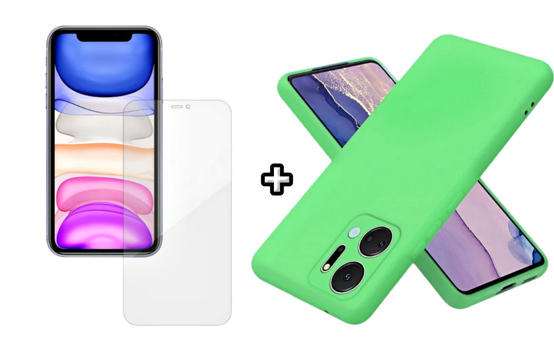 Set Husa Silicon plus Folie din silicon Case Friendly compatibila cu Honor X7b, verde neon, protectie 360
