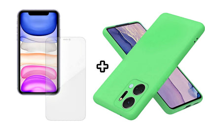 Set Husa Silicon plus Folie din silicon Case Friendly compatibila cu Honor X7b, verde neon, protectie 360