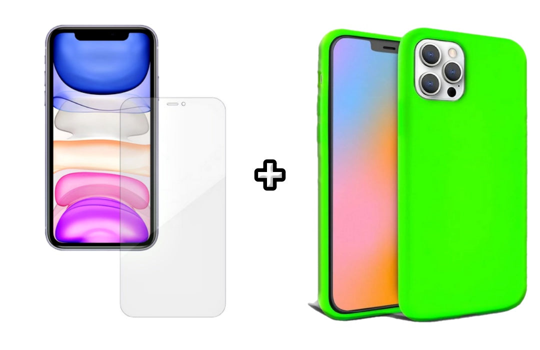 Set Husa Silicon + Folie din silicon Case Friendly compatibila cu Apple iPhone 11 Pro, verde neon, protectie 360