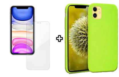 Set Husa Silicon + Folie din silicon Case Friendly compatibila cu Apple iPhone 12 Mini, verde neon, protectie 360