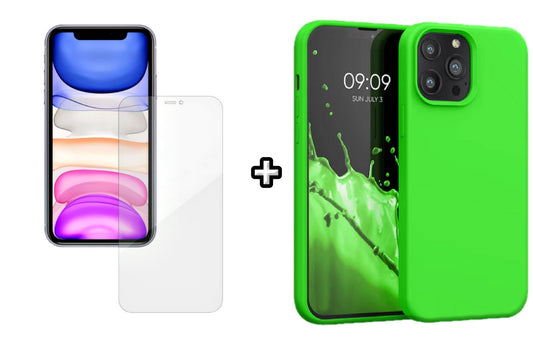 Set Husa Silicon + Folie din silicon Case Friendly compatibila cu Apple iPhone 15 Pro Max, verde neon, protectie 360