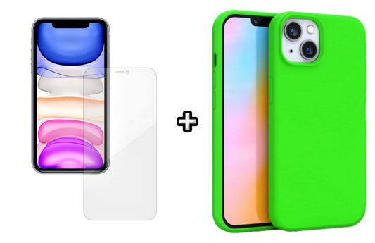 Set Husa Silicon + Folie din silicon Case Friendly compatibila cu Apple iPhone 15 Plus, verde neon, protectie 360