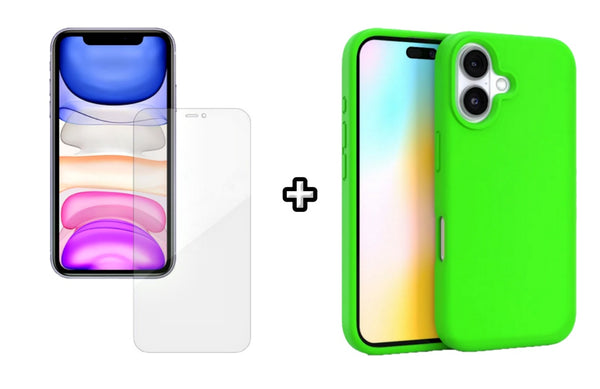 Set Husa Silicon plus Folie din silicon Case Friendly compatibila cu Apple iPhone 16, verde neon, protectie 360