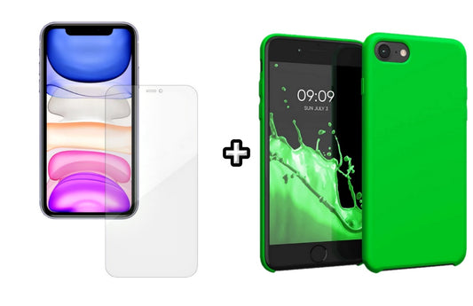 Set Husa Silicon + Folie din silicon Case Friendly compatibila cu Apple iPhone 7 Plus, verde neon, protectie 360