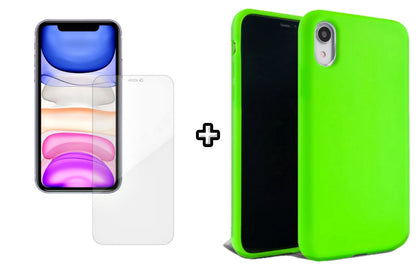 Set Husa Silicon + Folie din silicon Case Friendly compatibila cu Apple iPhone XR, verde neon, protectie 360