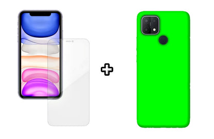Set Husa Silicon plus Folie din silicon Case Friendly compatibila cu OPPO A15, verde neon, protectie 360
